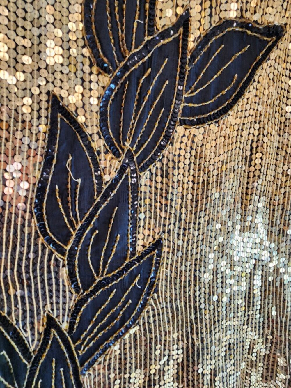 Vintage Black Silk / Gold Sequin Midi Dress 1980s Leaf Pattern - Picture 3 of 12